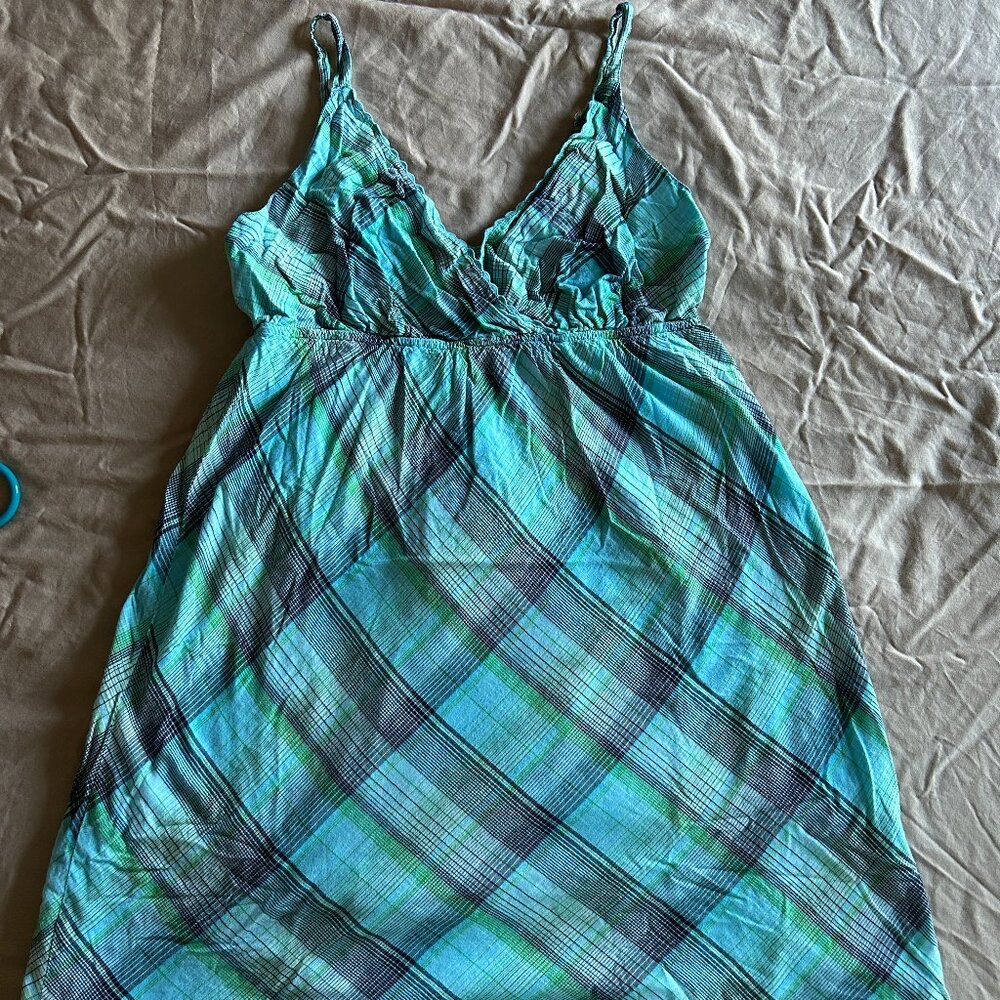 Blue Green Plaid Spaghetti Strap Dress 100% Cotton